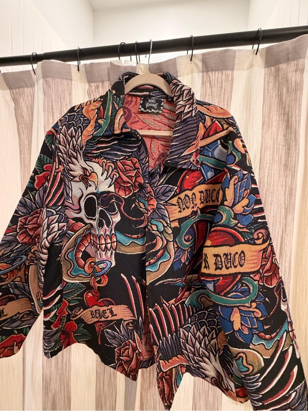 Men's Black Multi-Color Graphic Button-Up Shacket